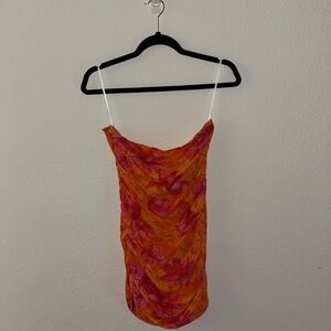 Orange and Pink Mini Strapless Floral Dress